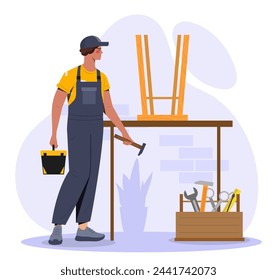 Creando proceso de mobiliario. Trabajador en uniforme con martillo y caja de herramientas. Taburete, silla y mesa. Carpintero en taller con madera. Ilustración plana del vector de la historieta aislada sobre fondo blanco