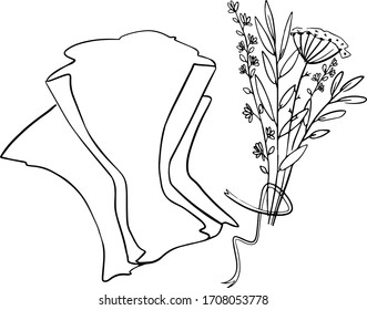 Creating A Gift Bouquet Step One. Bouquet Of Flowers Mica And Ribbon. Doodle. Vector Illustration Isolated. 