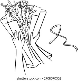  Creando un paso de ramo de regalo dos. Composición del ramo. Haciendo un ramo, un ramo paso a paso de Ekibana. Doodle. Ilustración vectorial. Para tarjetas, carteles, adhesivos y diseño profesional.
