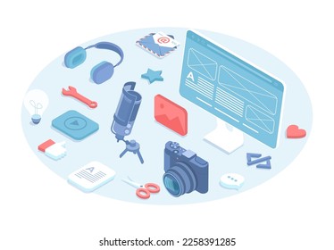 Creating high quality content. Social media, blogging, website content development, content writing. Vector illustration in 3d design. Isometric web banner.	
