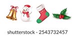 Creating holiday atmosphere symbols realistic color icons set. Golden bell snowman stocking and holly sprig 3d objects illustration on white