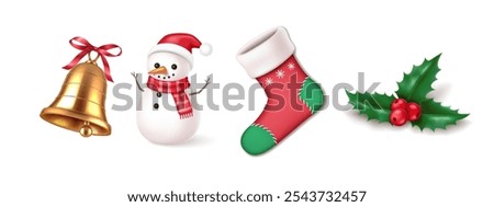 Creating holiday atmosphere symbols realistic color icons set. Golden bell snowman stocking and holly sprig 3d objects illustration on white