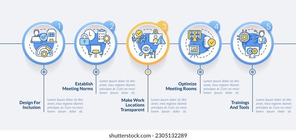 Creating hybrid environment circle infographic template. Workplace. Data visualization with 5 steps. Editable timeline info chart. Workflow layout with line icons. Lato-Bold, Regular fonts used