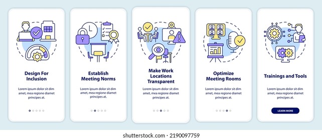 Creating hybrid environment onboarding mobile app screen. Workplace walkthrough 5 steps editable graphic instructions with linear concepts. UI, UX, GUI template. Myriad Pro-Bold, Regular fonts used