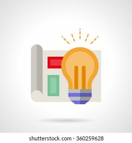 Creating idea with light lamp bulb, project document. Brainstorming, business planning, marketing concept. Flat color style vector icon. Element for web design, business, mobile app.