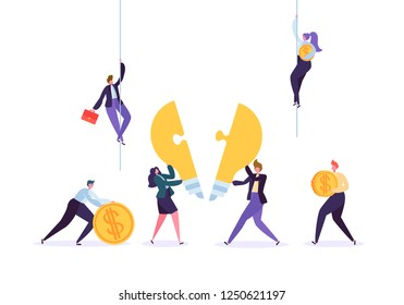 Creating idea, teamwork, business innovation concept. Business people characters team working collecting puzzle pieces of light bulb. Vector illustration