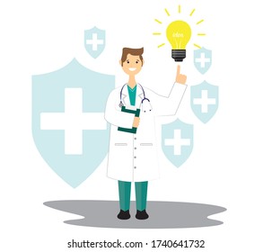 Creating Ideas, Doctor and idea bulb. Scientific ideas in health.