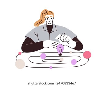 Proceso de creación de ideas. Mujer creativa que resuelve problemas, piensa, estudia, analiza y hace una lluvia de ideas para obtener información. Cadena de pensamientos. Ilustración vectorial plana aislada sobre fondo blanco