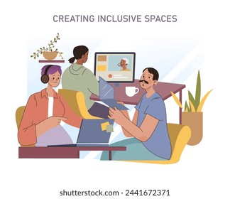 Creating Inclusive Spaces concept. A collaborative setting where diverse individuals engage in open dialogue via digital platforms. Fostering a community of acceptance.