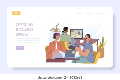 Creating Inclusive Spaces concept. A collaborative setting where diverse individuals engage in open dialogue via digital platforms. Fostering a community of acceptance.