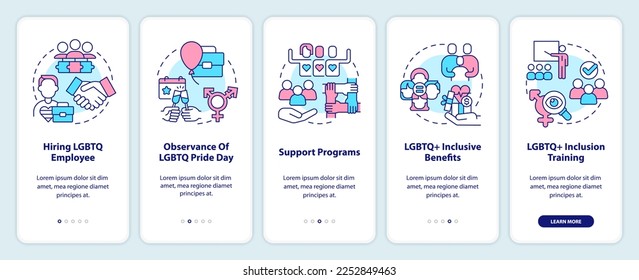 Creating LGBTQ inclusive workplace onboarding mobile app screen. Walkthrough 5 steps editable graphic instructions with linear concepts. UI, UX, GUI template. Myriad Pro-Bold, Regular fonts used