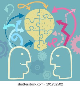 Creating a light bulb puzzle idea - vector illustration. Human heads, lighting bulb and arrows