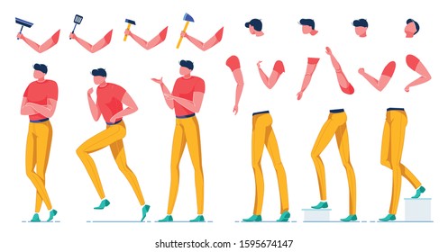 Creating Man, Constructing Body Parts Flat Cartoon Vector Illustration. Male Character Holding Accessories from Different Professions. Hands, Legs, Head Gestures and Positions. Going up by Stairs.