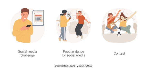 Creating media content isolated cartoon vector illustration set. Social media challenge, teen filming popular dance, online contest, creative diverse teenagers making dab gesture vector cartoon.