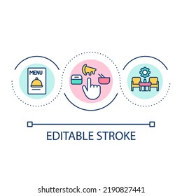 Creating menu and interior design loop concept icon. Restaurant brand development abstract idea thin line illustration. Marketing plan. Isolated outline drawing. Editable stroke. Arial font used