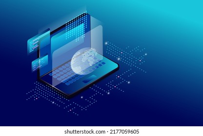 Crear una interfaz móvil en una pantalla de un portátil. Colocación del planeta tierra en dispositivos de visualización. Banner conceptual de tecnologías web