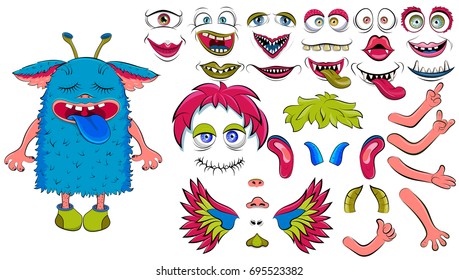 Creating a monster from a set of elements. Funny blue monster with horns-tubes, big ears, protruding tongue. Create your own design. Cartoon flat style vector illustration.