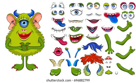 Creating a monster from a set of elements.  Funny furry monster with one blue eye, red lips, blue horns. Create your own design. Cartoon flat style vector illustration.