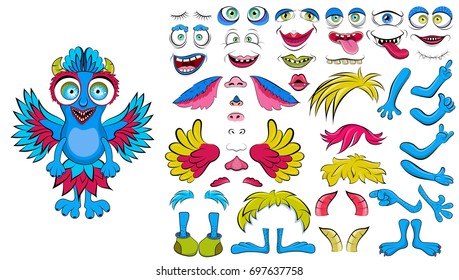 Creating a monster from a set of elements.  Monster-bird with horns, large eyes and teeth. Create your own design. Cartoon flat style vector illustration.