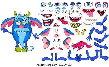 Creating a monster from a set of elements.  Monster-grandfather with blue hair, mustache and beard, horns and fangs. Create your own design. Cartoon flat style vector illustration.