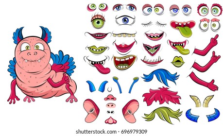 Creating a monster from a set of elements.  Pink monster caterpillar with green eyes, wings and funny ears. Create your own design. Cartoon flat style vector illustration.