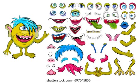 Creating a monster from a set of elements.  Yellow monster with a smile, blue bangs, one blue eye. Create your own design. Cartoon flat style vector illustration.