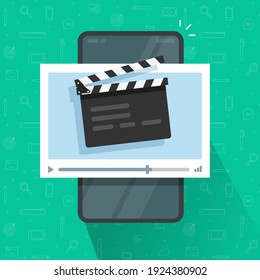 Creating or editing video content, movie or film via mobile cell phone flat cartoon illustration, cellphone smartphone with clapperboard clacker slate on screen and cinema video player modern design 