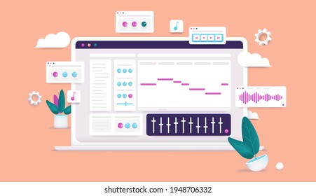 Creating music on computer - Laptop with audio creation software application on screen. Producing electronic music concept. 3d vector illustration.