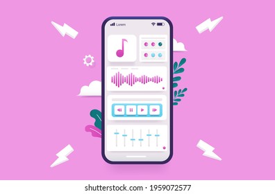 Creating music on smartphone - Mobile phone with audio production app and pink background. Vector illustration. svg