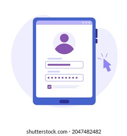 Creating new account with login and secure password. Registration user interface. Users register online. Concept of online registration, sign in, sign up. Vector illustration in flat for app, UI