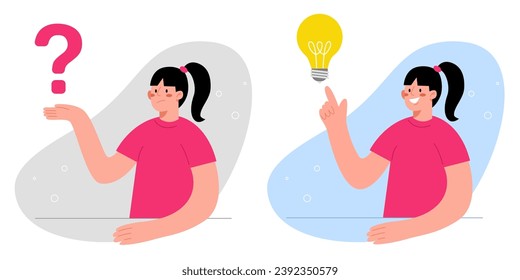 Creating new brilliant ideas, creativity and thought process to solve work issues, new knowledge for great success, brainstorming for genegation innovation, women with question mark and light bulb. svg