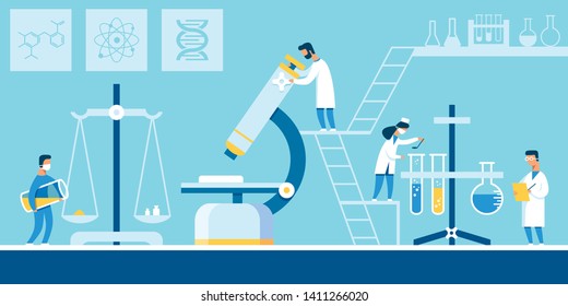 Creating New Formula Drugs in Chemical Laboratory. Men and Women make Experiments with Chemical Elements, Cartoon Flat. Man in White Coat Looks Through Microscope. Vector Illustration.