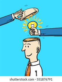 creating new idea - conceptual vector illustration of man with open head changing bulb and replacing ideas in brain