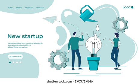 Crear una nueva empresa.Las personas cultivan una bombilla de luz en un recipiente.Bombilla de luz como símbolo de nuevas ideas, incubadora de negocios.Concepto de apoyo a los jóvenes empresarios.Ilustración vectorial plana.Plantilla de página de aterrizaje