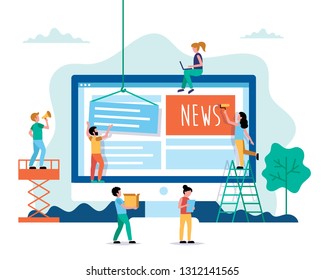 Creating News, internet news concept vector illustration in flat style. People working on website. Characters doing various tasks, teamwork.