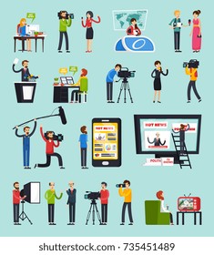 Creando noticias, conjunto de íconos planos ortogonales con reportero, fotógrafo, hombre de sonido, blogger, editor aislado ilustración vectorial   