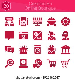 creating an online boutique icon set. 20 filled icons on theme creating an online boutique. collection of Multimedia, Homepage, Support, Shopping cart, Trolley, Financial