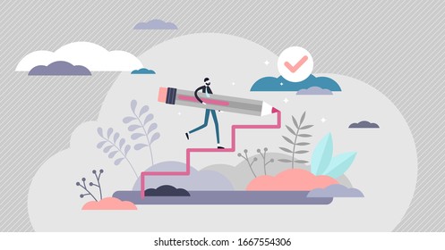 Creating opportunity abstract concept, flat tiny person vector illustration. Personal goals and company vision development growth ladder. Business upward progress path to the success and achievements.