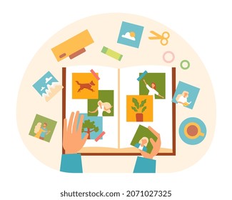 Creating photo album. Person captures important life moments. Memory, collector. Woman likes to take pictures, portfolio, family, lifestyle, hobbies, images. Cartoon flat vector illustration