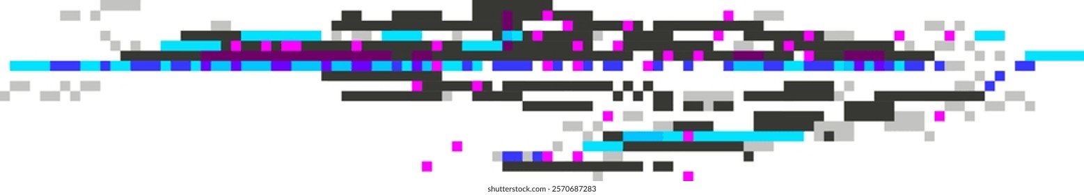 Creating pixelated stripes in vibrant cyan, purple, and black, featuring digital distortion on a white background, conveying themes of digital art and technological disruption