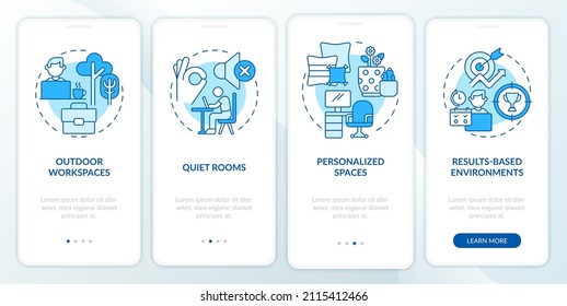 Creando una pantalla de aplicación móvil azul de referencia de referencia cultural de trabajo positiva. Recorrido 4 pasos de páginas de instrucciones gráficas con conceptos lineales. UI, UX, plantilla GUI. Multitud de tipos de letra Pro-Bold, con uso regular