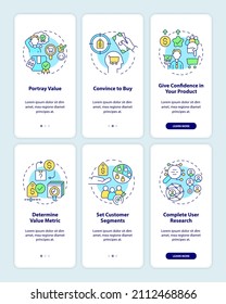 Creating pricing strategy for product onboarding mobile app screen set. Walkthrough 3 steps graphic instructions pages with linear concepts. UI, UX, GUI template. Myriad Pro-Bold, Regular fonts used