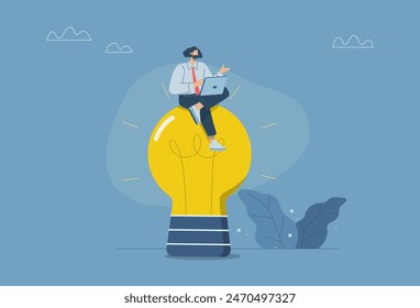 Creando ideas para resolver problemas, Líder usando la creatividad para solucionar problemas de trabajo para una empresa u organización, Empresario sentado y trabajando en una gran bombilla, ilustración de diseño de Vector.