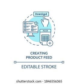 Creating Product Feed Concept Icon. XML Data Feed Idea Thin Line Illustration. Product Information Management. Online Sales Efforts. Vector Isolated Outline RGB Color Drawing. Editable Stroke