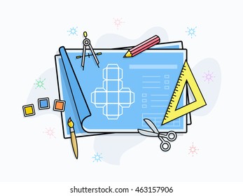 Creating a product prototype vector illustration. Drawing and painting tools on paper with prototype scheme