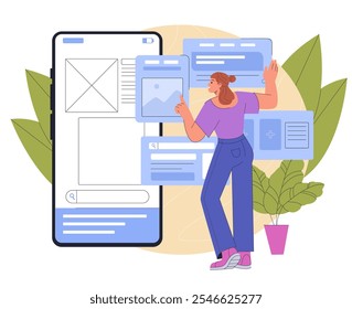 Creating program in phone. Woman near smartphone. Graphic designer with UI and UX design elements. Programmer and IT specialist. Flat vector illustration isolated on white background