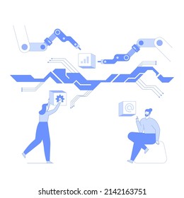 Erstellung eines Projekts im Konzept der Metaverse- und Virtual-Reality-Technologie. Eigenes angepasstes virtuelles Universum. Digitaler Arbeitsbereich, Fernarbeit und Teamarbeit, Vektorgrafik.