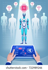 Creating a robot with artificial intelligence. Engineer's hands with a tablet.