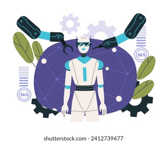Creating robot concept. Artificial intelligence and machine learning. Modern technologies and innovations. Automatic hands create cyborg. Futuristic scene. Cartoon flat vector illustration