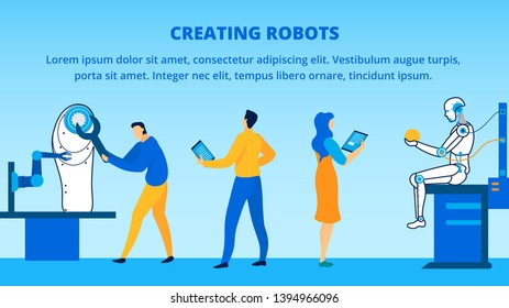 Creating Robot Process at Research Laboratory Vector Illustration. Banner with Place for Promotion Text. Robotics Engineers Join Humanoid Elements, Develop Artificial Intelligence. Cyborg Construction